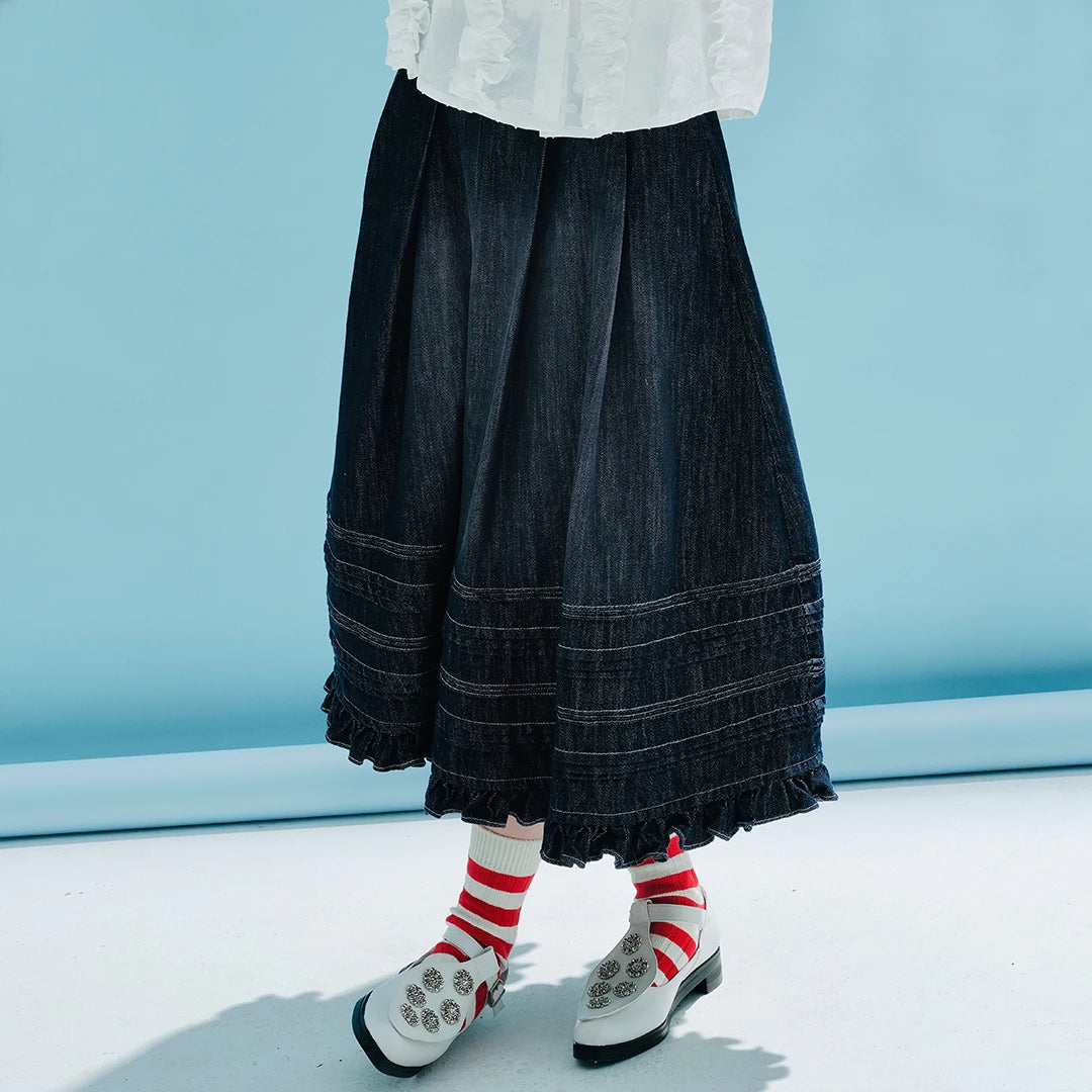 imakokoni girls Original early spring vintage denim skirt with dark blue everything female skirt for women 233998