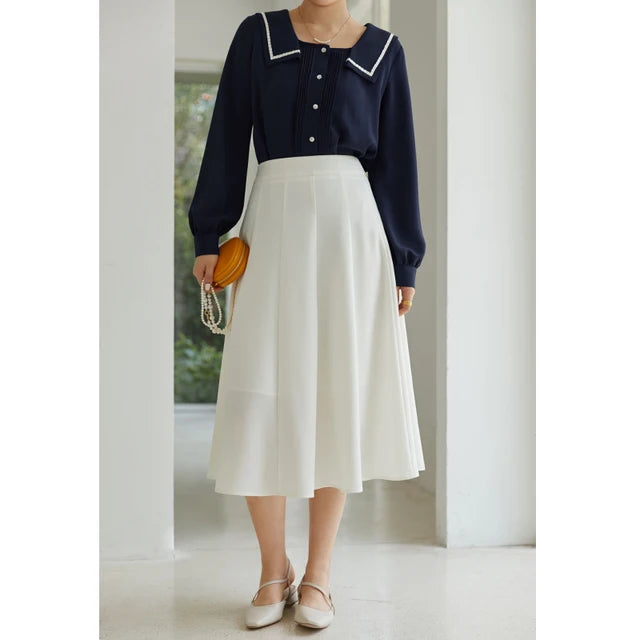 DUSHU Elegant Black Long Skirt Pleated Skirt Women Vitnage White High Waist Skirt Female Autumn Winter A-line Skirt