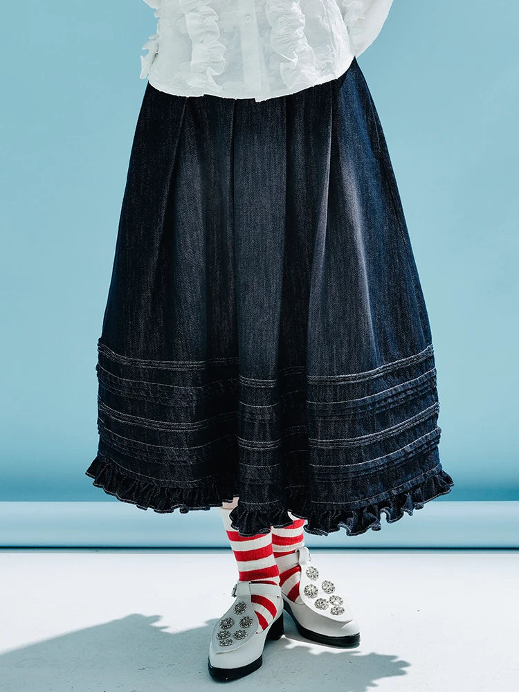 imakokoni girls Original early spring vintage denim skirt with dark blue  everything female skirt for women 233998