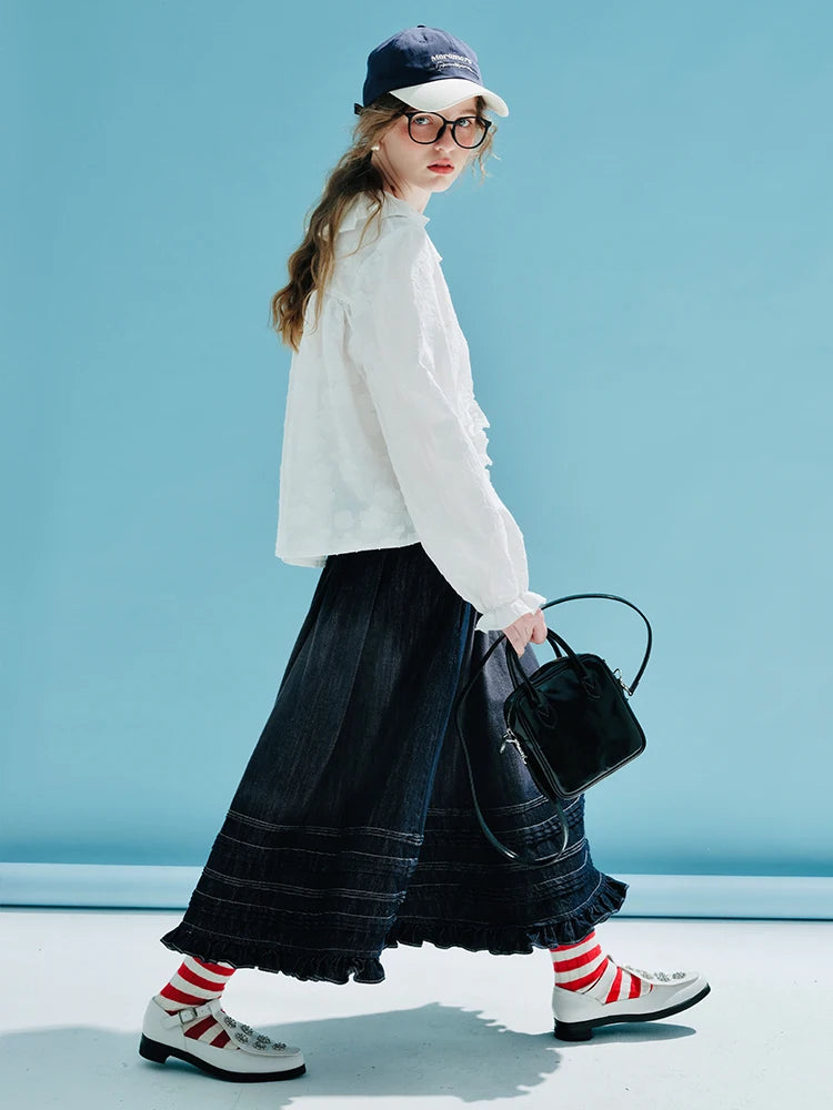 imakokoni girls Original early spring vintage denim skirt with dark blue  everything female skirt for women 233998