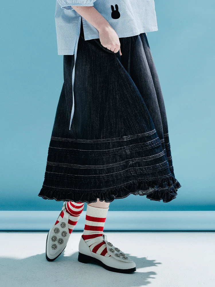 imakokoni girls Original early spring vintage denim skirt with dark blue  everything female skirt for women 233998