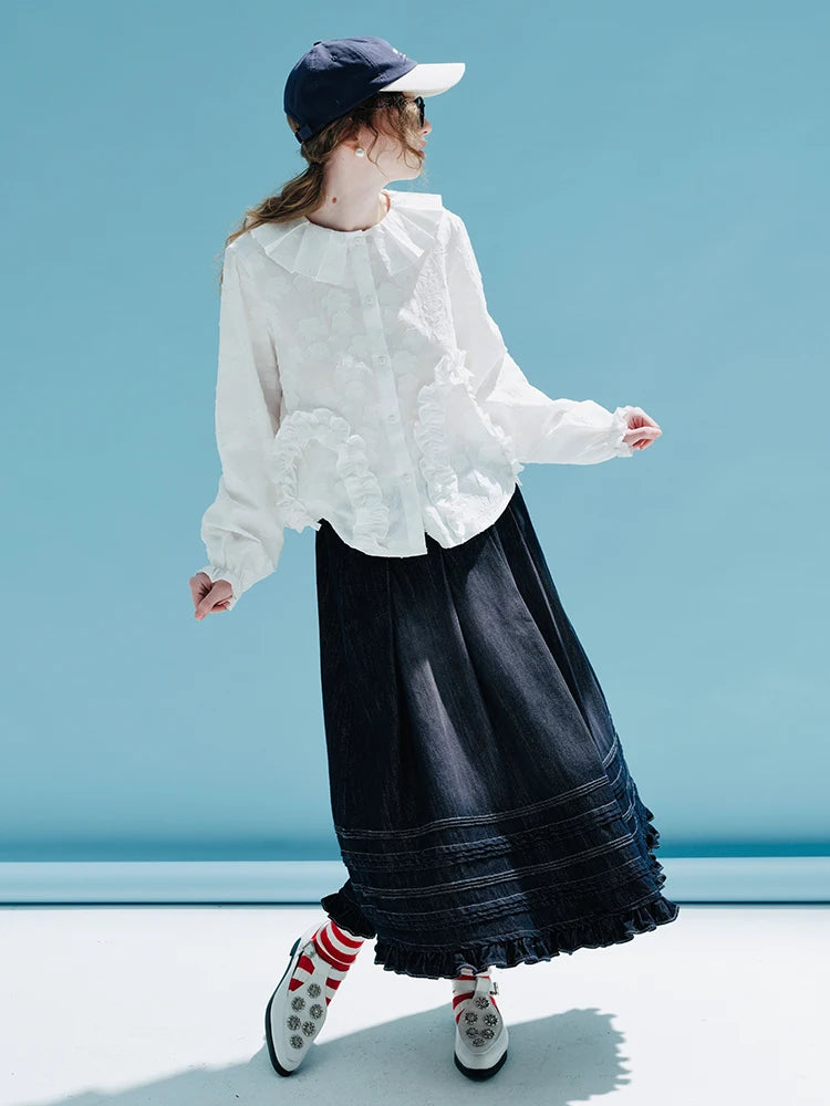 imakokoni girls Original early spring vintage denim skirt with dark blue  everything female skirt for women 233998